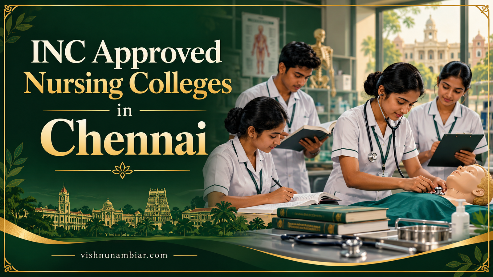 INC Approved Nursing Colleges in Chennai — nursing students practising clinical skills in an illustrated training laboratory.