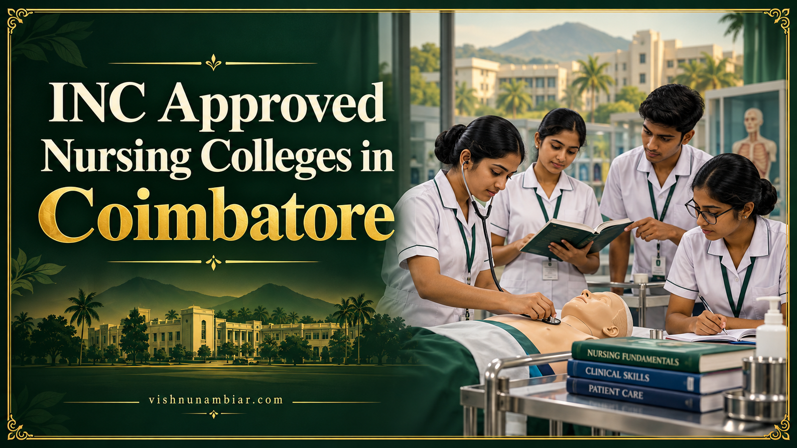 INC Approved Nursing Colleges in Coimbatore — nursing students practising clinical skills in an illustrated training laboratory.