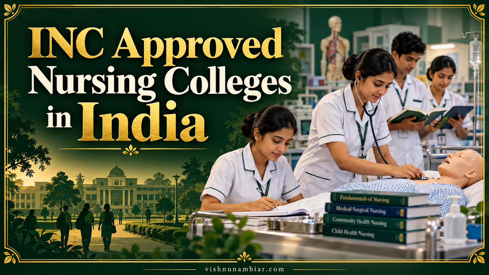 INC Approved Nursing Colleges in India — nursing students practising clinical skills in an illustrated training laboratory.