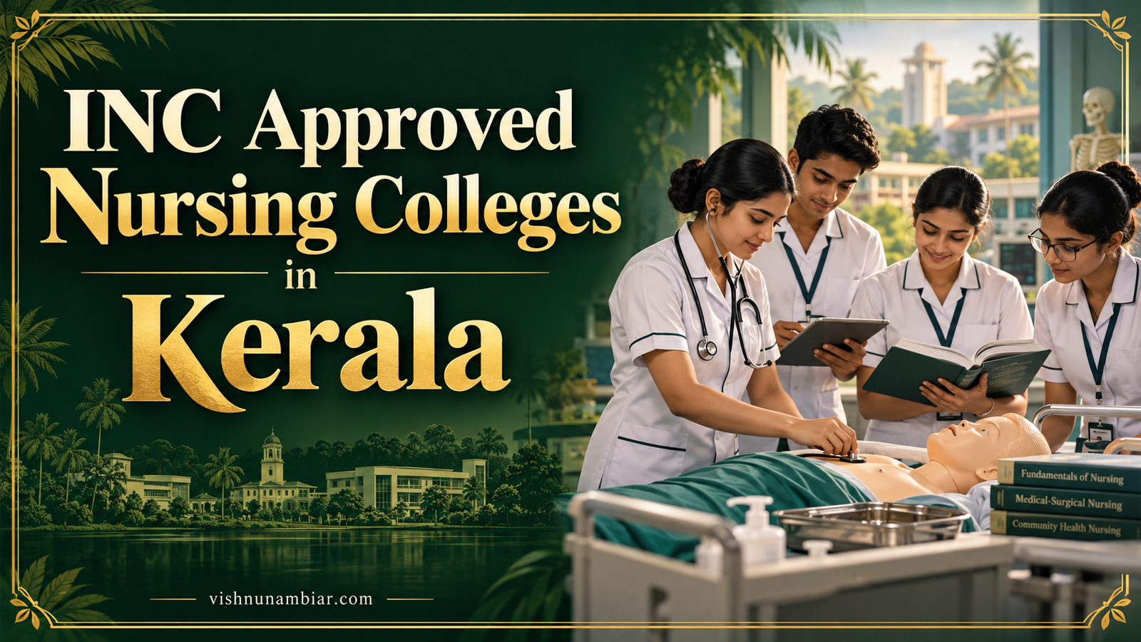 INC Approved Nursing Colleges in Kerala — nursing students practising clinical skills in an illustrated training laboratory.