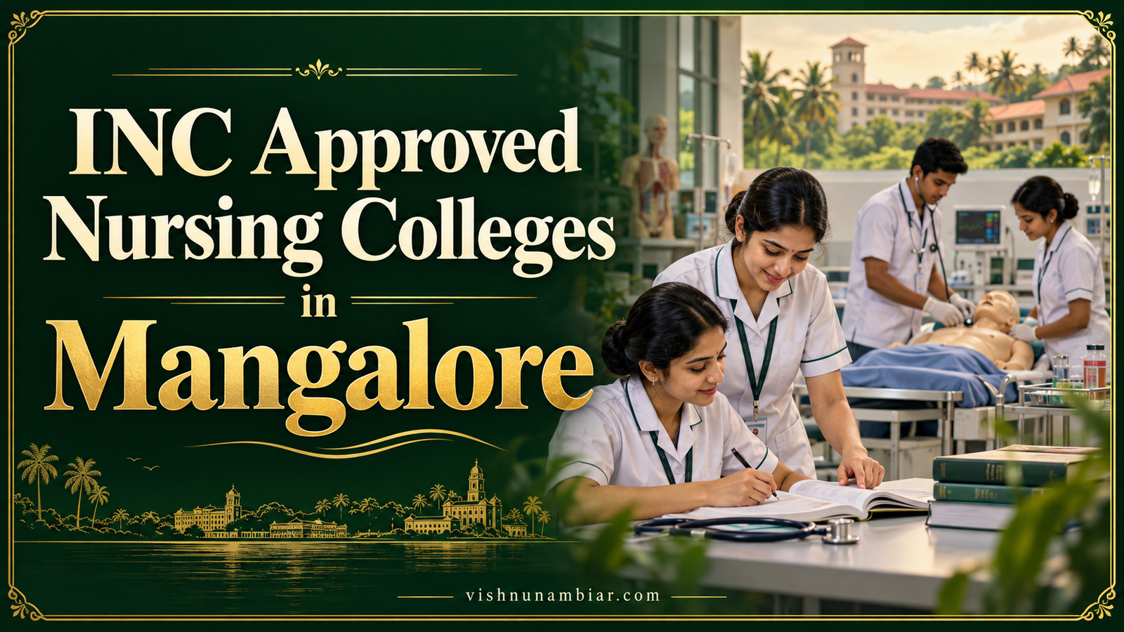 INC Approved Nursing Colleges in Mangalore — nursing students practising clinical skills in an illustrated training laboratory.