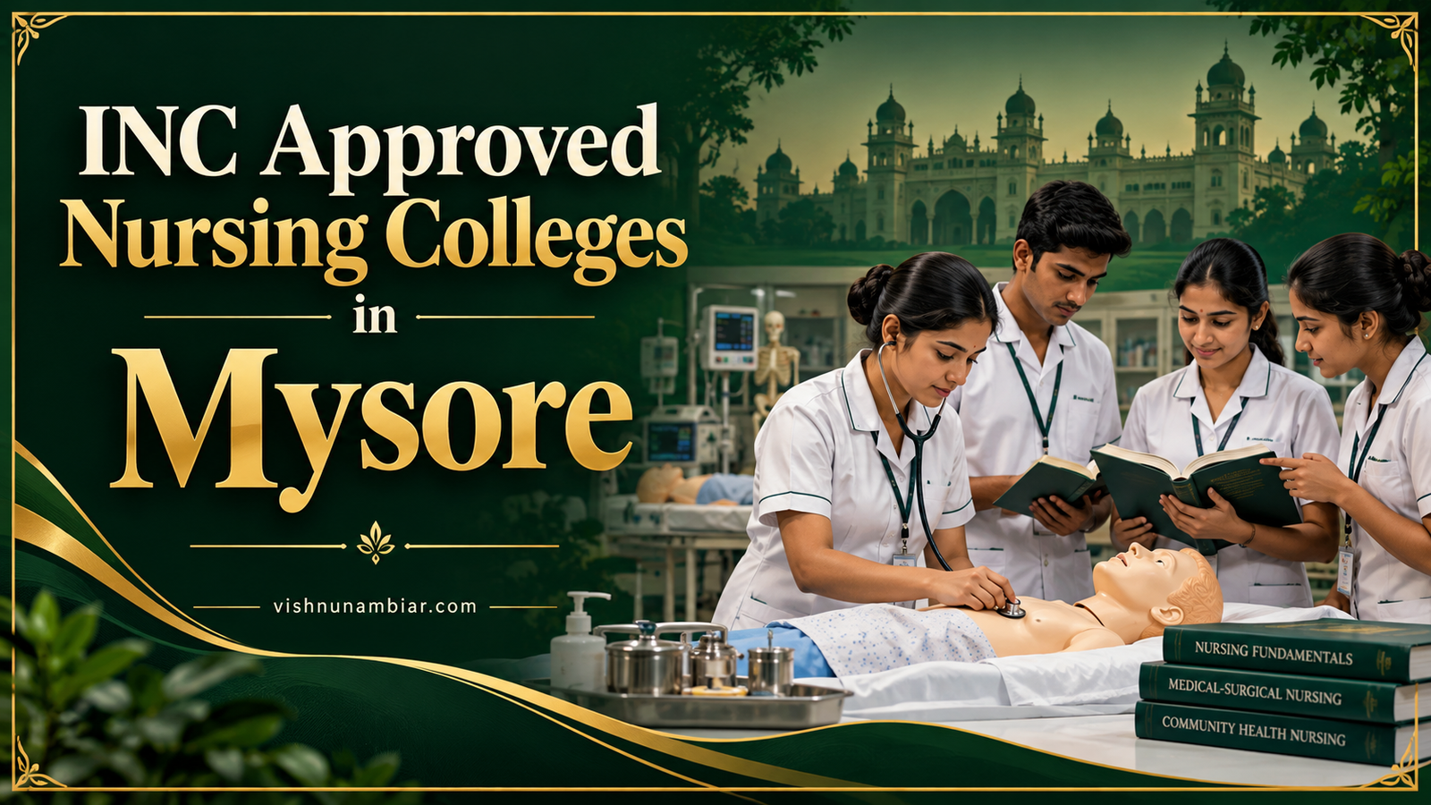 INC Approved Nursing Colleges in Mysore — nursing students practising clinical skills in an illustrated training laboratory.