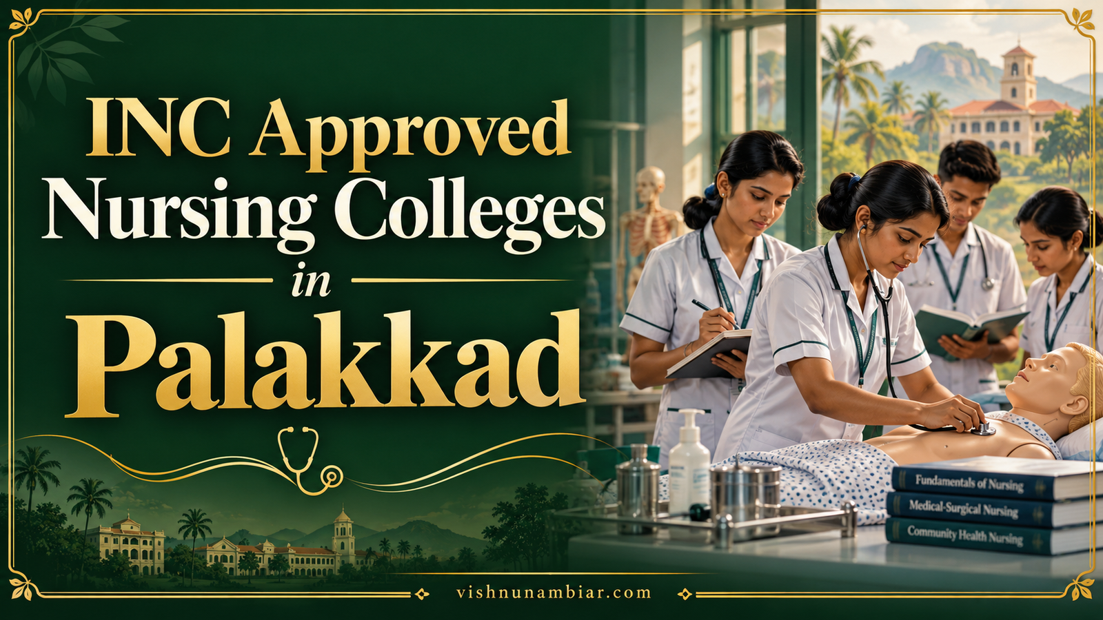 INC Approved Nursing Colleges in Palakkad — nursing students practising clinical skills in an illustrated training laboratory.
