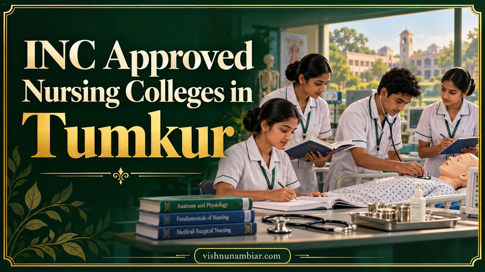 INC Approved Nursing Colleges in Tumkur — nursing students practising clinical skills in an illustrated training laboratory.