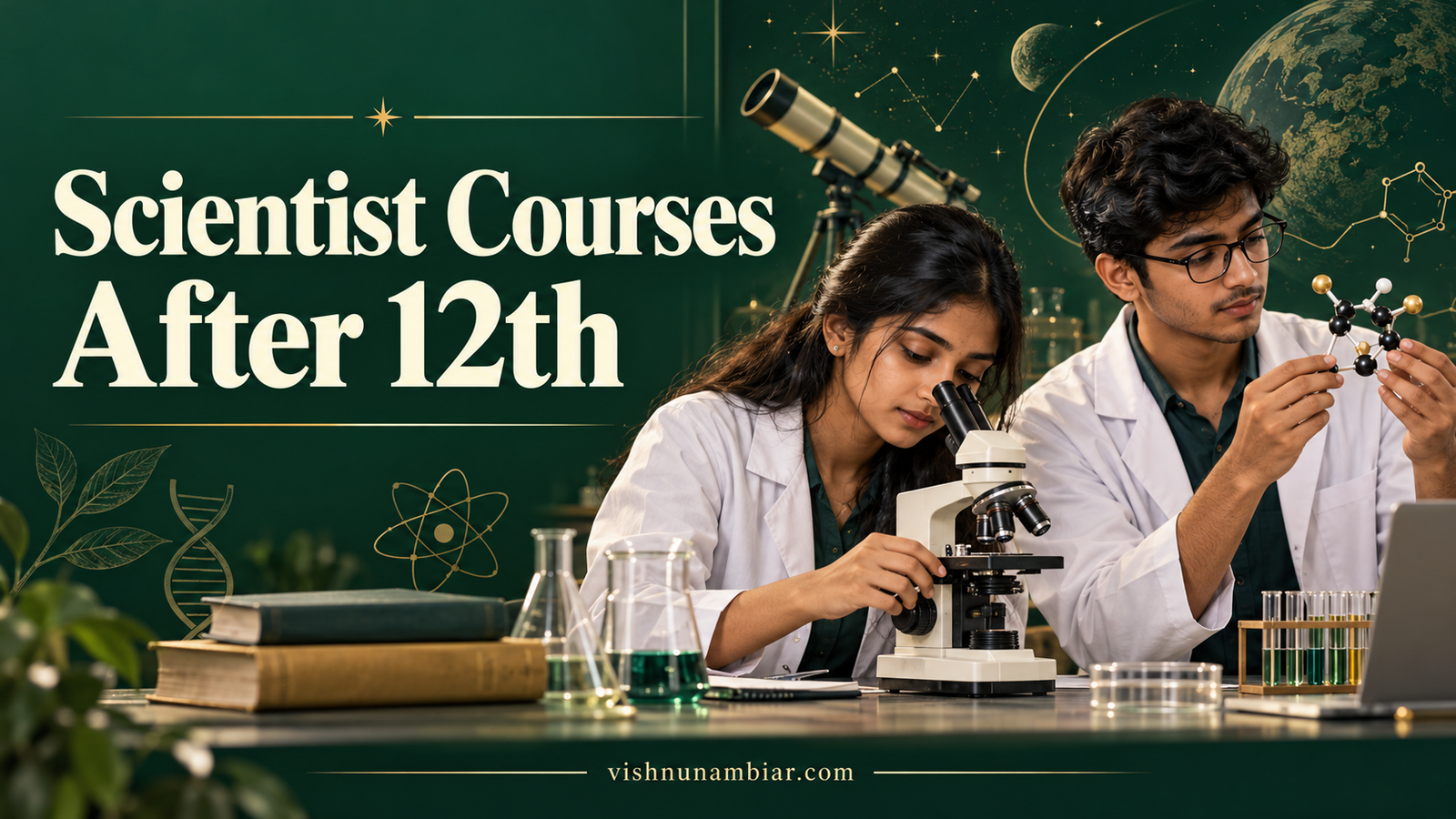 Scientist Courses After 12th: students exploring laboratory and space research, in a green-and-gold illustration